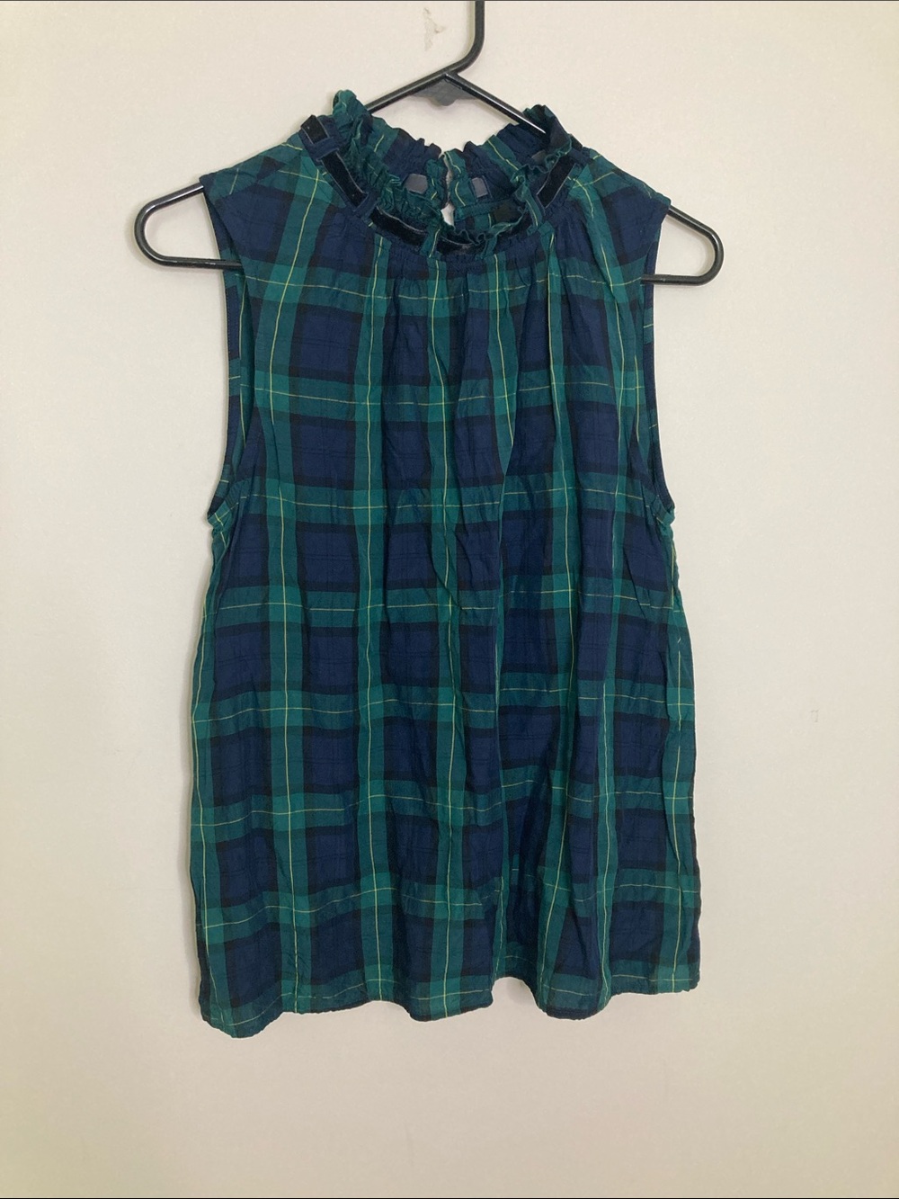 Talbots Green Blue Plaid Ruffled Mock-Neck Camisole Velvet Trim M